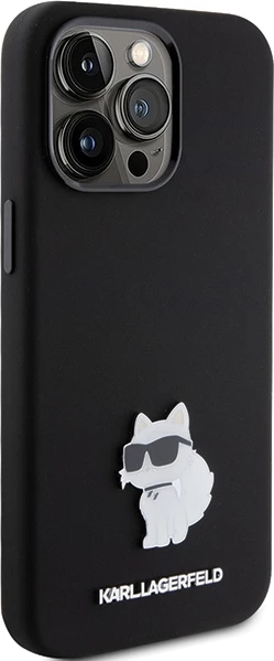 Mbështjellës Karl Lagerfeld Silicone Choupette Metal Pin për iPhone 15 Pro, i zi