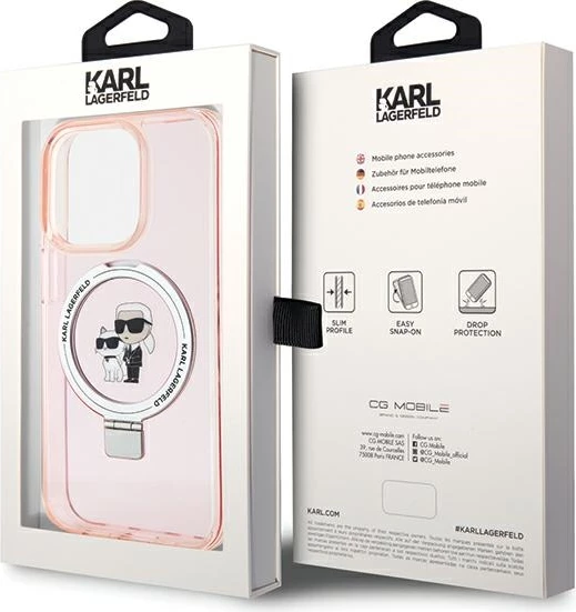 Mbështjellës Karl Lagerfeld KLHMP15XHMRSKCP për iPhone 15 Pro Max 6.7", me unazë Ring Stand, MagSafe, rozë