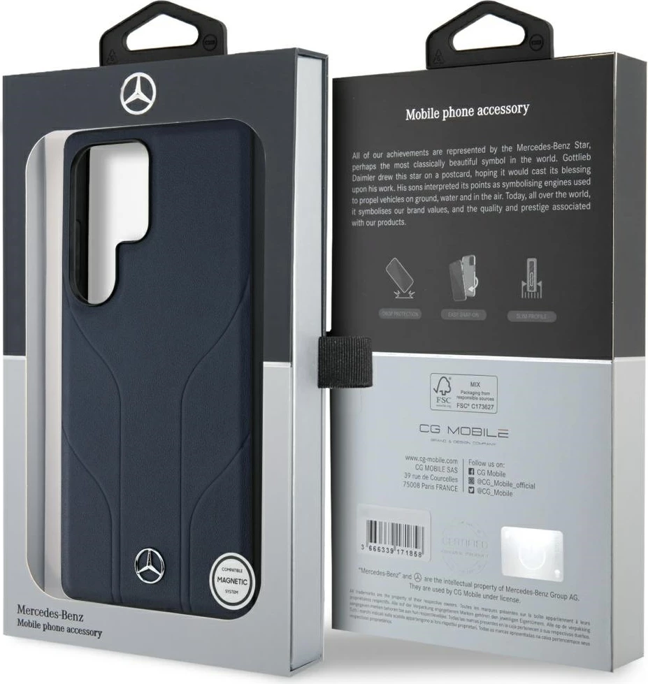 Mbështjellës Mercedes Leather Debossed Lines MagSafe për Samsung Galaxy S25 Ultra, Kaltër