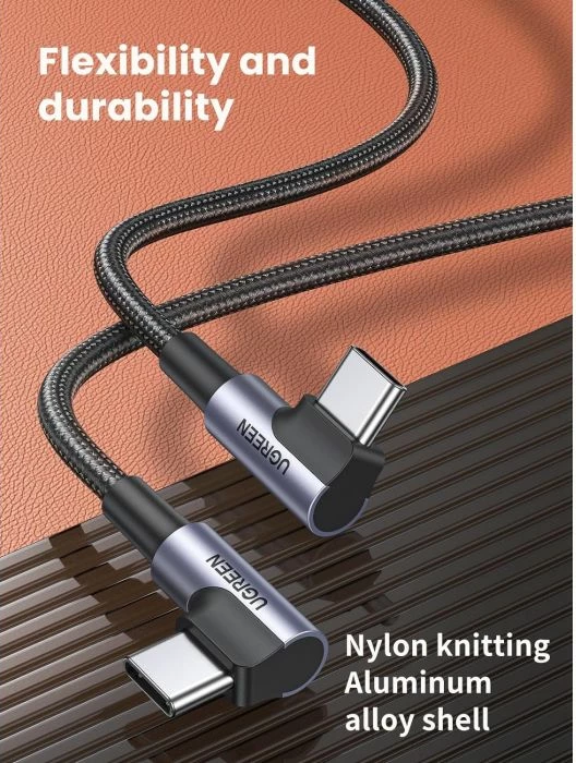 Kabllo USB-C në USB-C UGREEN Corner 70531, 60W, 2m, kënd 90°, 480Mbps, e thurur, e zezë/argjendtë