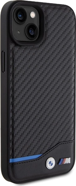 Mbështjellës BMW Leather Carbon për iPhone 15 Plus, i zi
