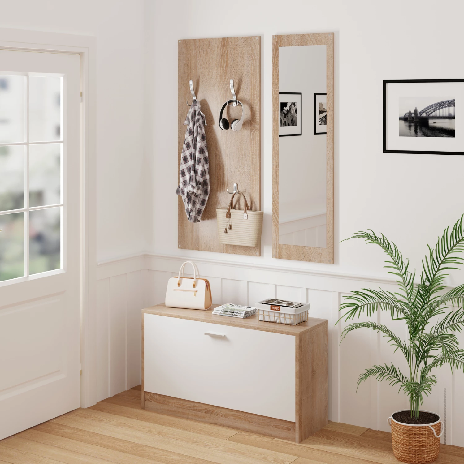 Set hyrjeje me pasqyrë VERN FH2476.04 melaminë në ngjyrë sonama-bardhë 80x27x175Hcm