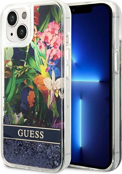 Mbështjellës Guess Flower Liquid Glitter për iPhone 14 Plus 6.7", kaltër