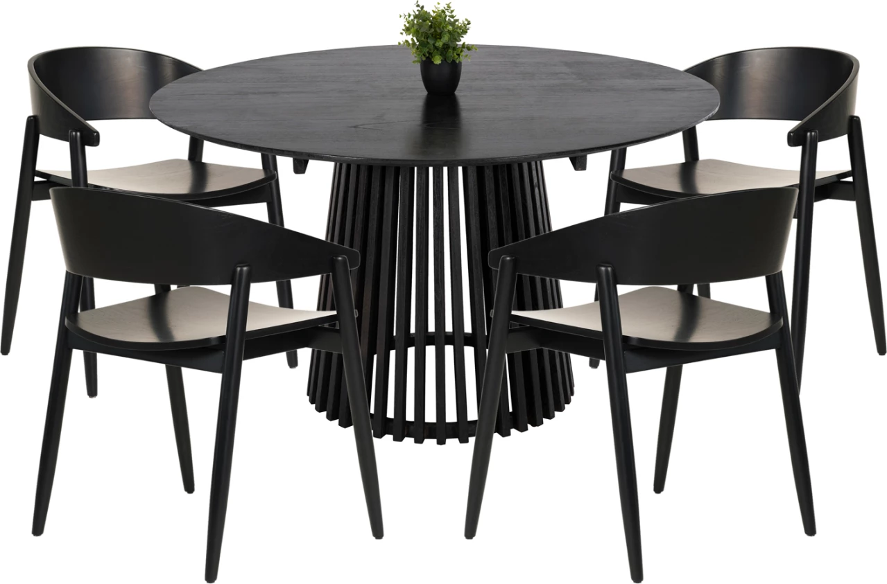 Tavolinë me karrige, 5 pjesë, FH21077.02, tavolinë e rrumbullakët, Φ150cm, karrige të zeza