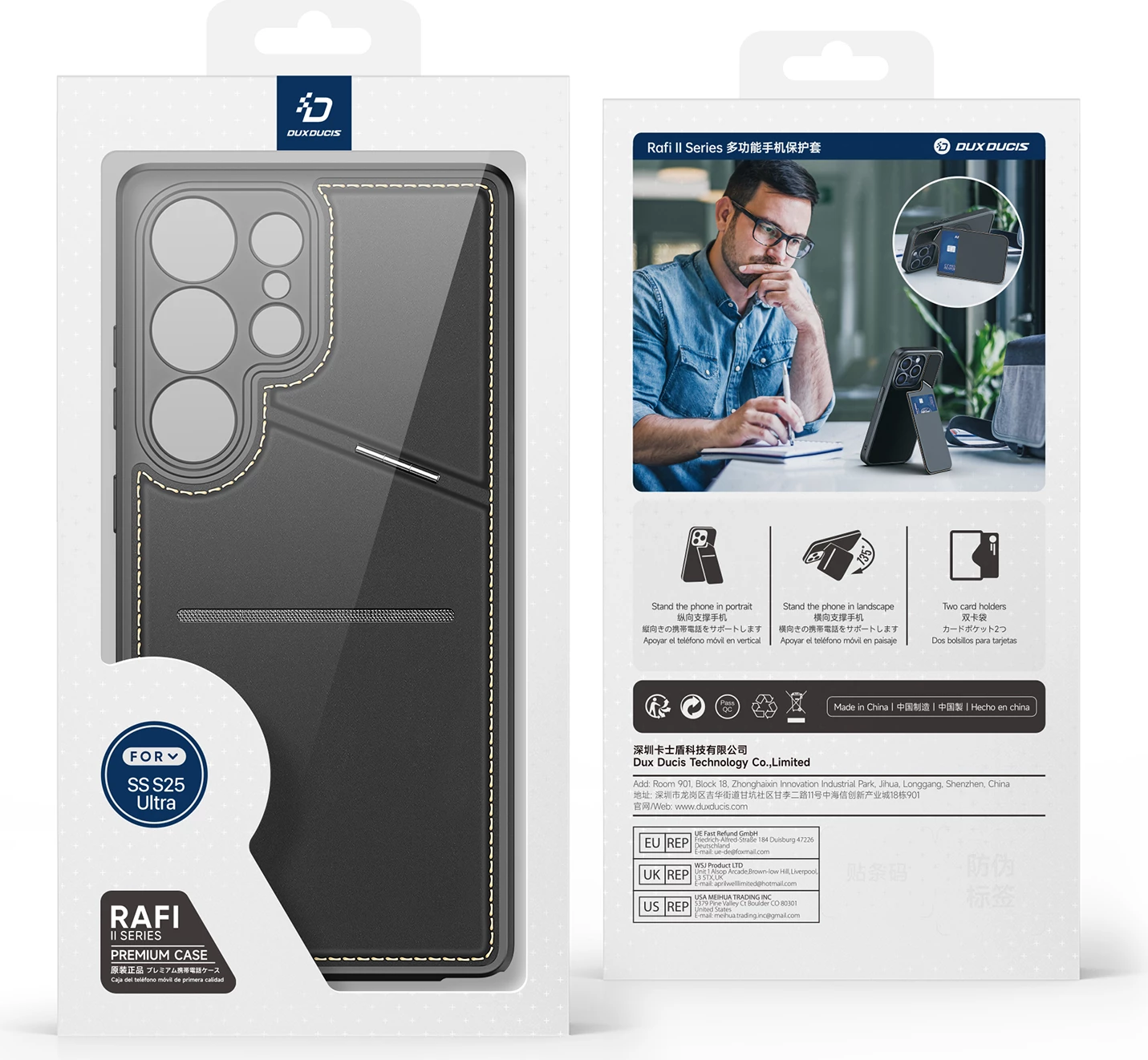 Mbështjellës Dux Ducis Rafi II për Samsung Galaxy S25 Ultra, me stand dhe xhepa për kartela, i zi