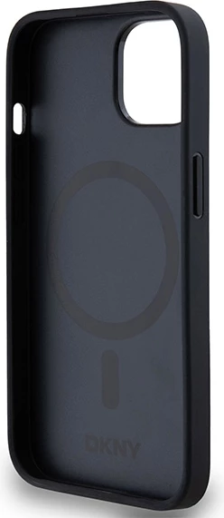 Mbështjellës DKNY Leather Monogram Pattern Metal Logo MagSafe për iPhone 15/14/13, e zezë