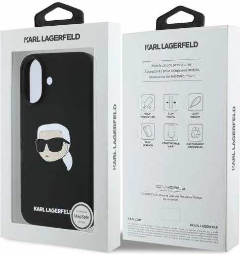 Mbështjellës Karl Lagerfeld Silicone Karl Head Print MagSafe për iPhone 16, i zi