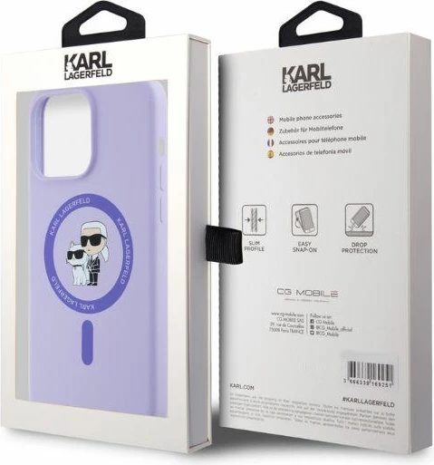 Mbështjellës silikoni Karl Lagerfeld Karl&Choupette Heads me MagSafe për iPhone 15 Pro Max, vjollcë