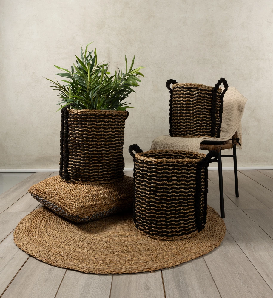 Set shporta DURUK 3 copë, 45x45x45cm, kashtë deti, litar hogla, natyrale/zi