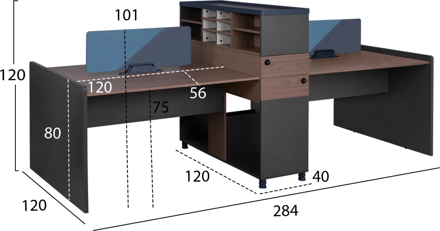 Stacion pune për zyre, dyfish, ngjyrë arre dhe gri me ndarje & kabinete, 284x120x120, FH2102
