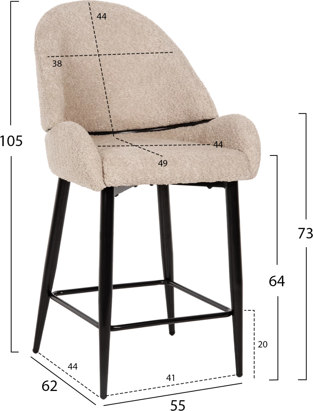 Karrige për bar, lartësi mesatare, FH8586.02, pëlhurë boucle ecru, këmbë metalike të zeza, 55x62x105H cm., set prej 2 copë