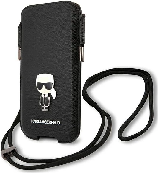 Mbështjellës telefonit Karl Lagerfeld Saffiano Ikonik, 6.1", i zi, me rrip