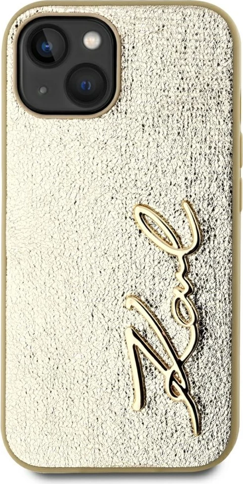 Mbështjellës Karl Lagerfeld Wrinkled Metal Signature për iPhone 15, Gold