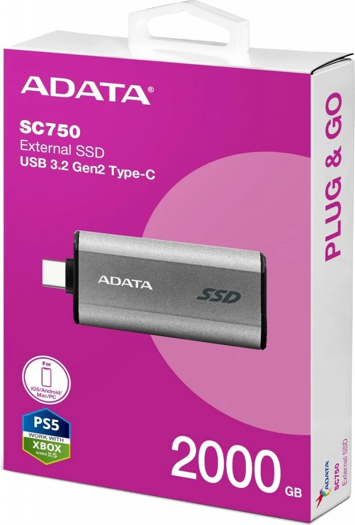 SSD i jashtëm Adata SC750, 2000 GB, USB 3.2, Titanium