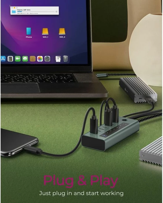 USB-C hub ICYBOX IB-HUB1457-C31 7-port USB 3.2 Gen 2 10 Gbit/s me PD 20 W, gri/blu