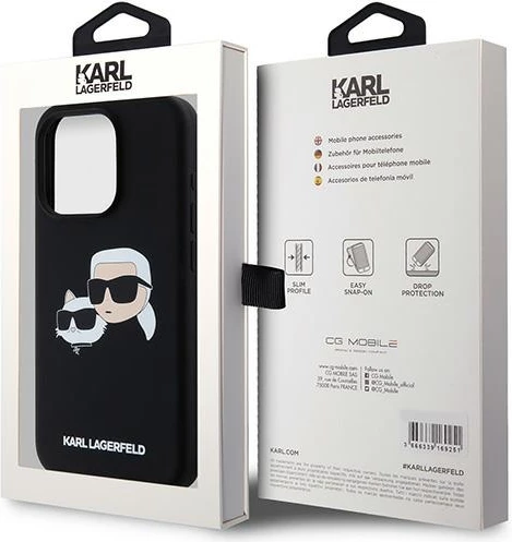 Mbështjellës Karl Lagerfeld Silicone Karl & Choupette MagSafe për iPhone 15 Pro, i zi