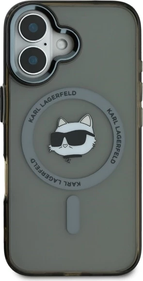 Mbështjellës Karl Lagerfeld IML Metal Choupette Head MagSafe për iPhone 16 Plus, Zi