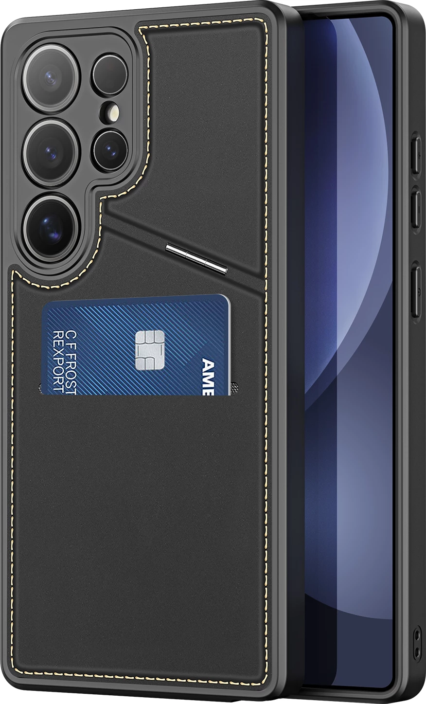 Mbështjellës Dux Ducis Rafi II për Samsung Galaxy S25 Ultra, me stand dhe xhepa për kartela, i zi