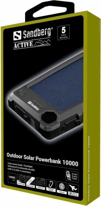 Powerbank solar SANDBERG Outdoor 420-53 10000 mAh IP66 PD20W/22.5W, ngjyrë e zezë, set me kabllo MicroUSB dhe karabiner