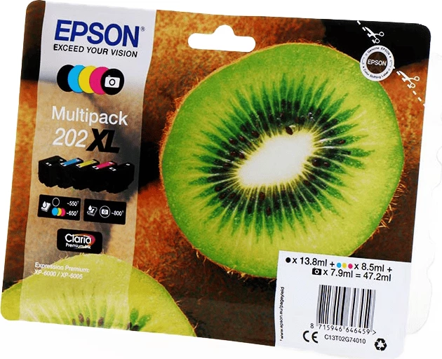 Bojë printeri multipack, Epson 202XL C13T02G74010 XL 47.2 ml, 5 ngjyra e zezë, e zezë foto, cian, magenta, e verdhë