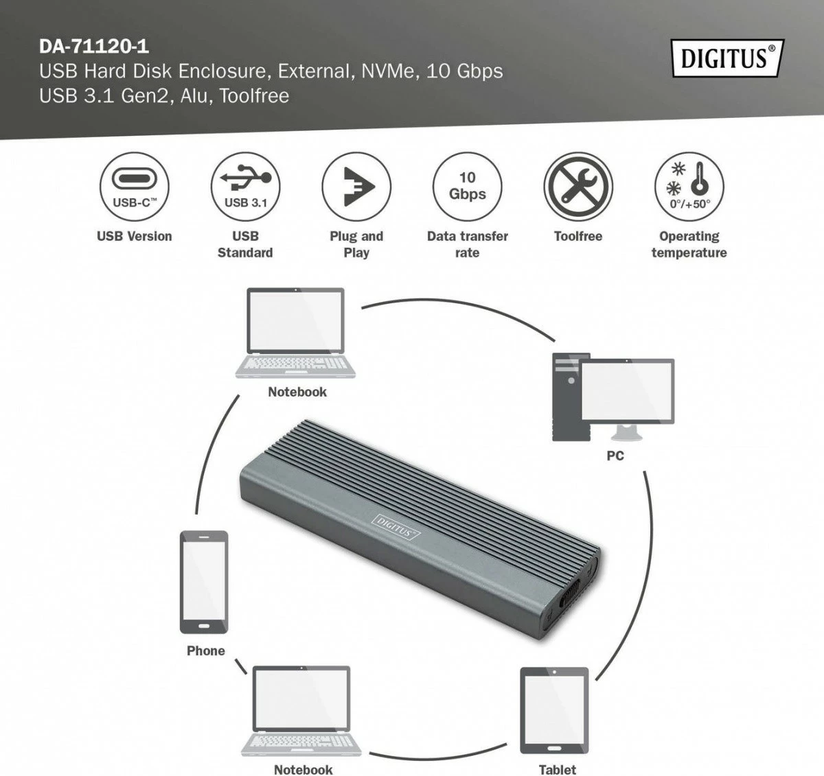 Kasë Digitus DA-71120-1 për SSD M.2 NVMe, USB 3.1 Type C, Alumini, Gri