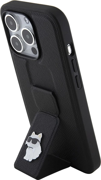 Mbështjellës Karl Lagerfeld Gripstand Saffiano Choupette Pins për iPhone 15 Pro, i zi