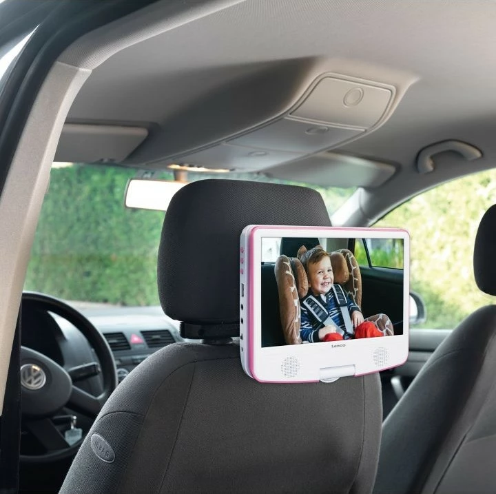 DVD Player portativ Lenco DVP-910, 9 inç, USB, me mbajtëse për makinë, rozë/bardhë