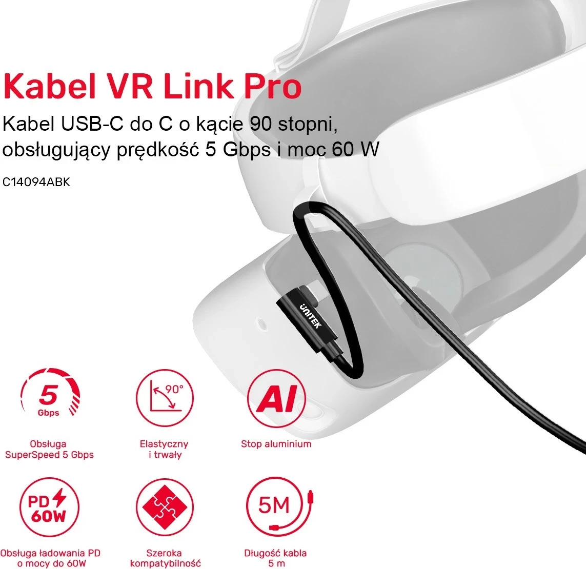 Kabllo USB-C në USB-C Unitek VR Link Pro, 5Gbps, 60W, e zezë