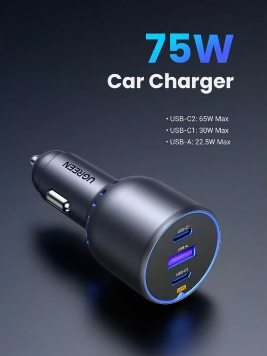 karikues veture UGREEN 35024 75W 3-port (2x USB-C, 1x USB-A) gri e errët