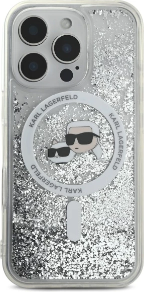 Mbështjellës Karl Lagerfeld Liquid Glitter Karl & Choupette Head MagSafe për iPhone 16 Pro Max, Transparent