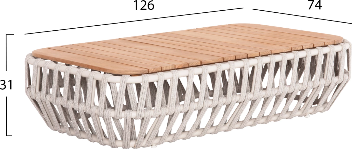 Set salloni për jashtë 4 pjesë SABO FH6208.02 ngjyrë krem e bardhë, alumin-bezhë, litar P.E. & pëlhurë OLEFIN-dru TEAK natyral