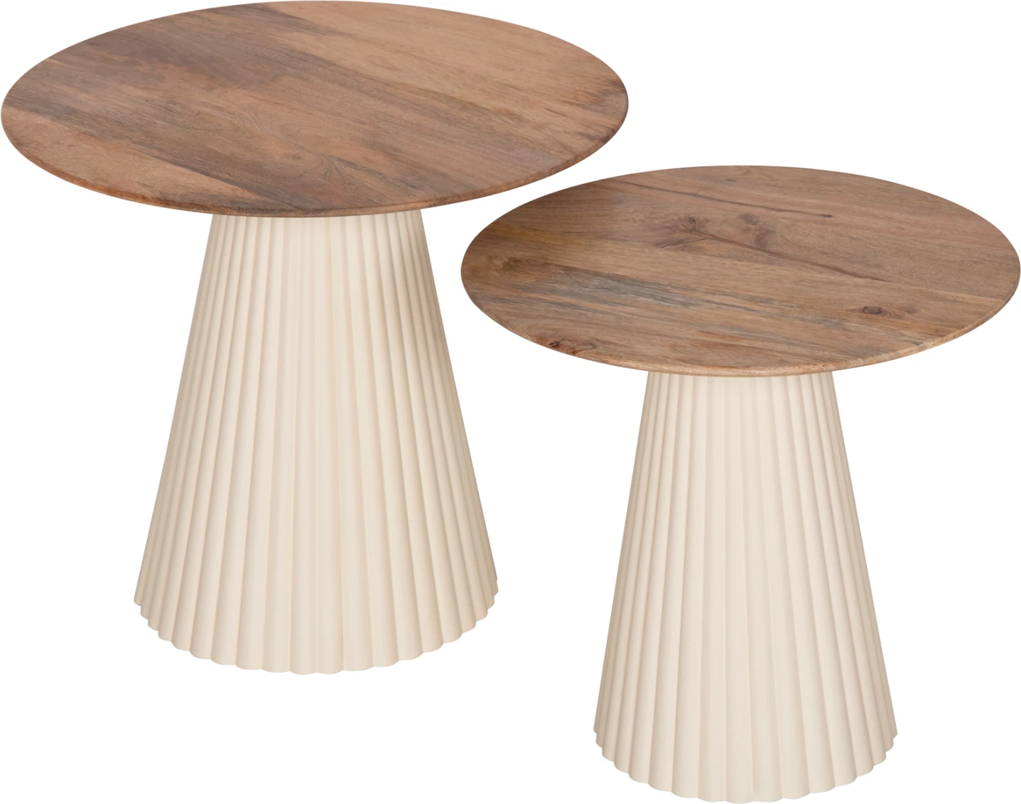Tavolina kafeje 2 copë Foldy FH9925 bazë metali ngjyrë fildishi, sipërfaqe e rrumbullakët dru mango natyral Φ40 & Φ48