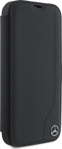 Mbështjellës Mercedes për iPhone 16, imitacion lëkure dhe druri, i zi