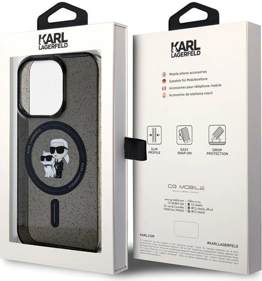 Mbështjellës Karl Lagerfeld Karl&Choupette Glitter MagSafe për iPhone 15 Pro, zi