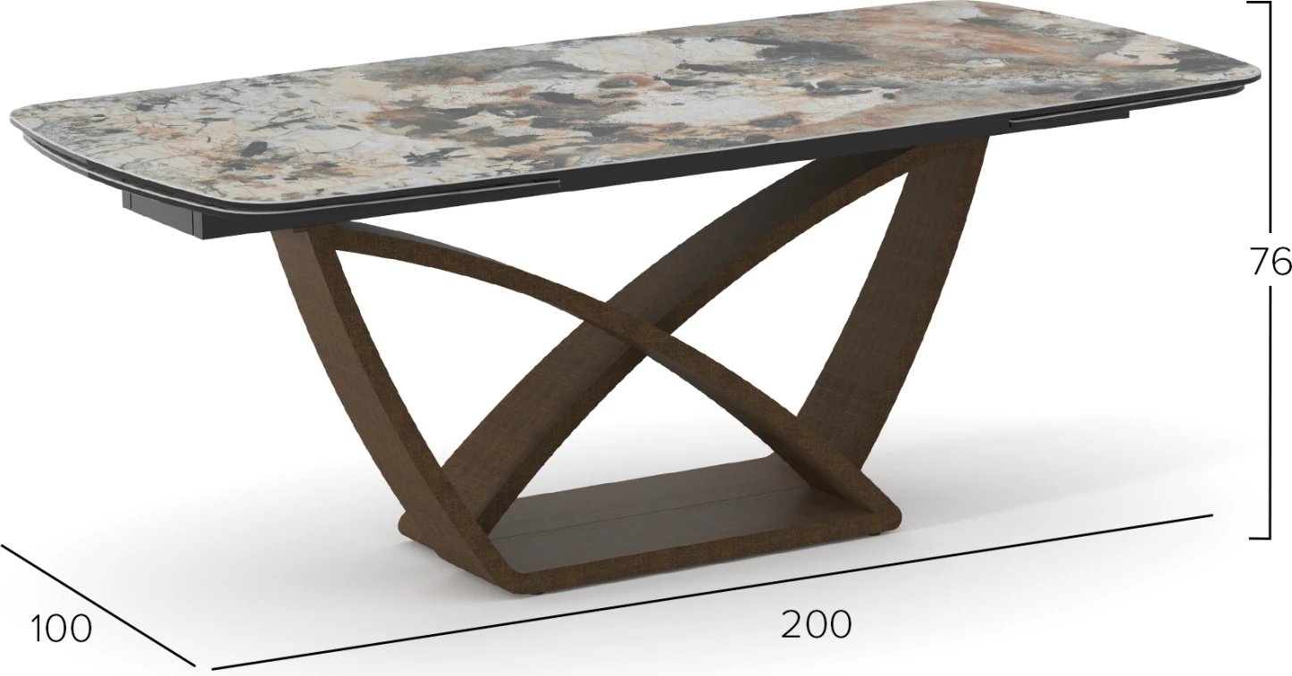 Tavolinë ngrënieje zgjatëse Empire, sipërfaqe qeramike dhe xhami, bazë metalike, 200(50+50)x100x77cm