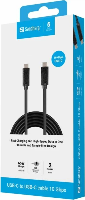 Kabllo USB-C në USB-C SANDBERG 136-09, 2 m, USB 3.1 Gen2 10 Gbps, PD 65 W, e zezë