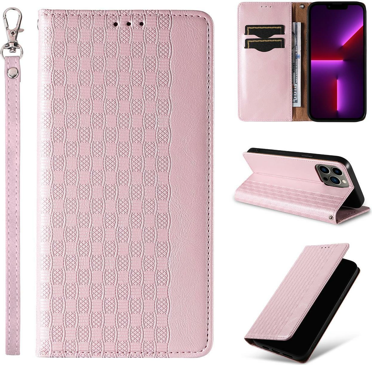 Mbështjellës Hurtel Magnet Strap Case për iPhone 14, flip wallet me rrip dore, rozë