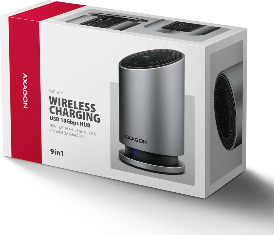 Hub USB-C multiport 9-në-1 AXAGON HMC-WL9 10Gbps 3xUSB-A 1xUSB-C DP 8K/60Hz HDMI 4K/60Hz PD 100W GLAN kabllo USB-C 60 cm karikim wireless 15W gri