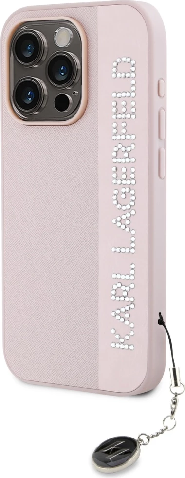 Mbështjellës Karl Lagerfeld Saffiano Rhinestones & Charm për iPhone 15 Pro, Rozë
