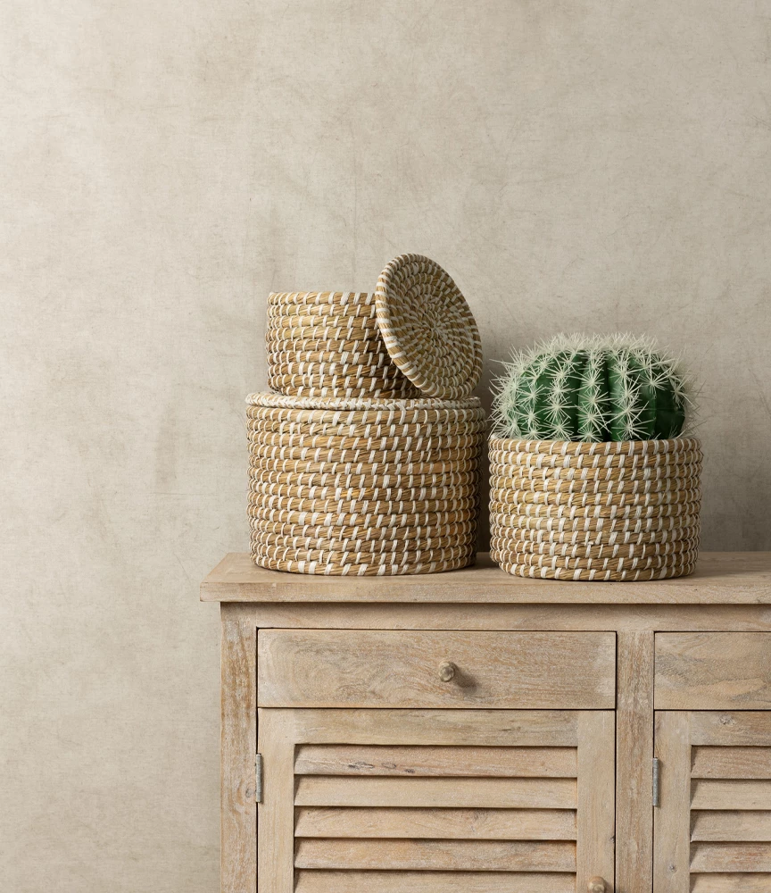 Set 3 kuti NILE me kapak, kansgrass natyral-bardhë, 35x35x25cm