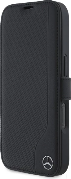 Mbështjellës Mercedes për iPhone 16, imitacion lëkure dhe druri, i zi