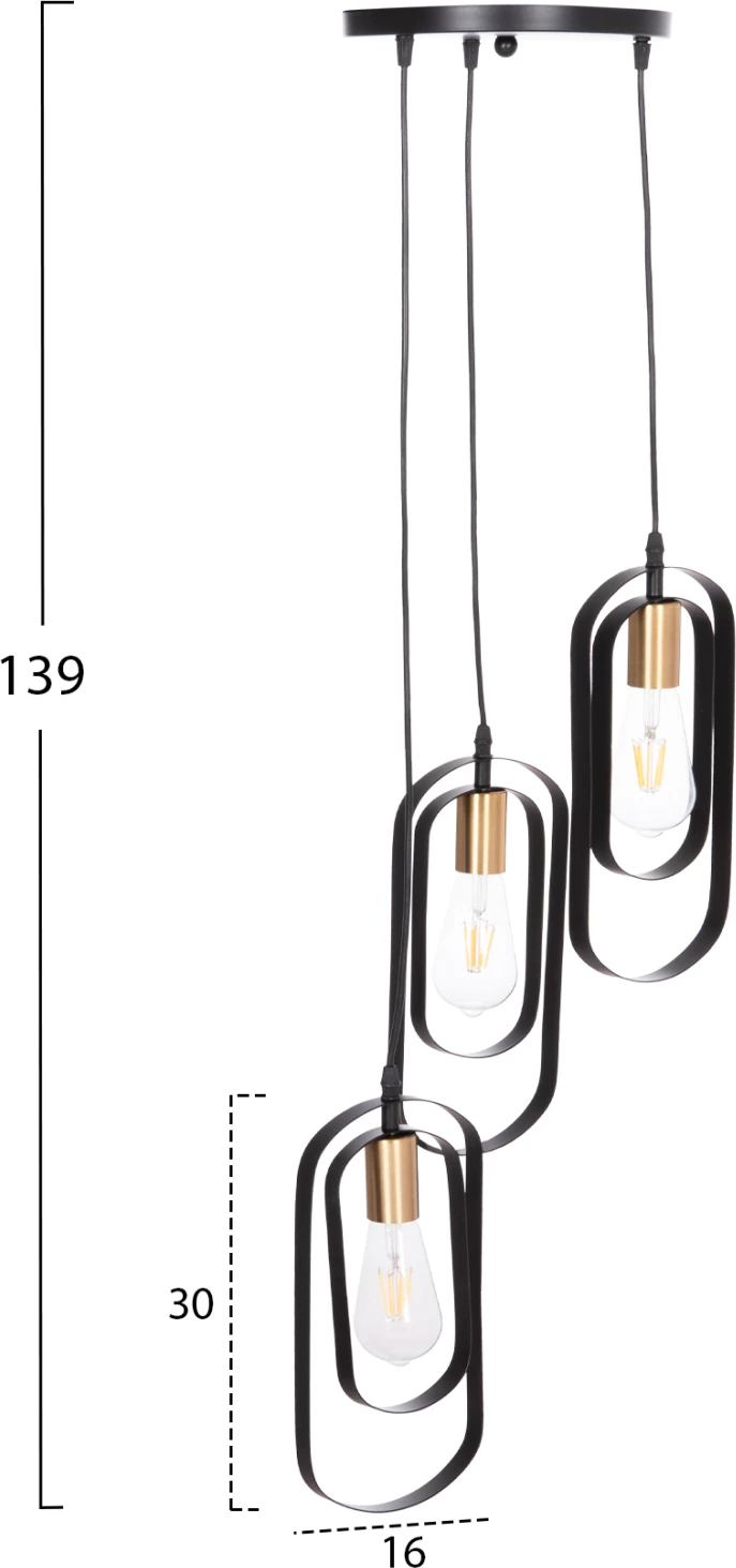 Llambë tavani varëse BIUT, metal i zi, mbajtëse ari, 3 drita, FH7528.11, 23x139cm