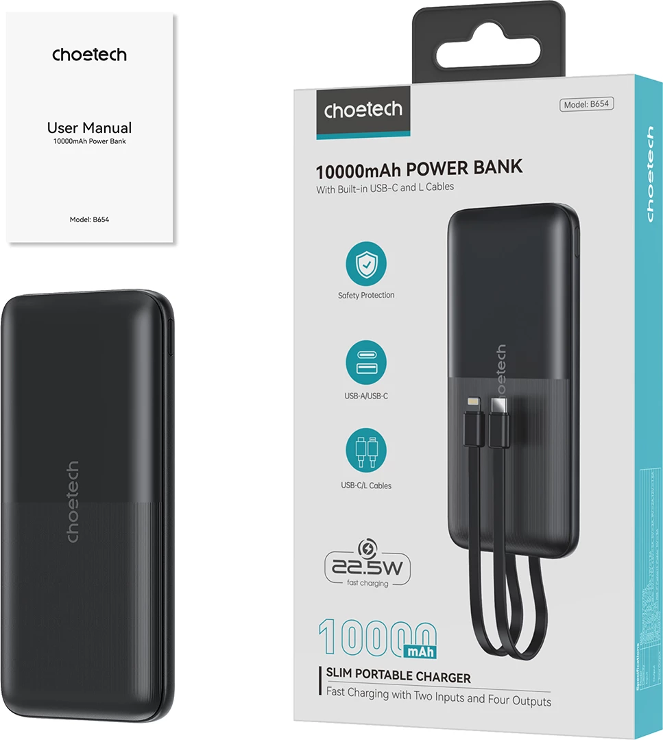 Powerbank Choetech B654, 10000mAh, 22.5W, USB-A/USB-C/micro USB, kabllo të integruara USB-C/Lightning, e zezë