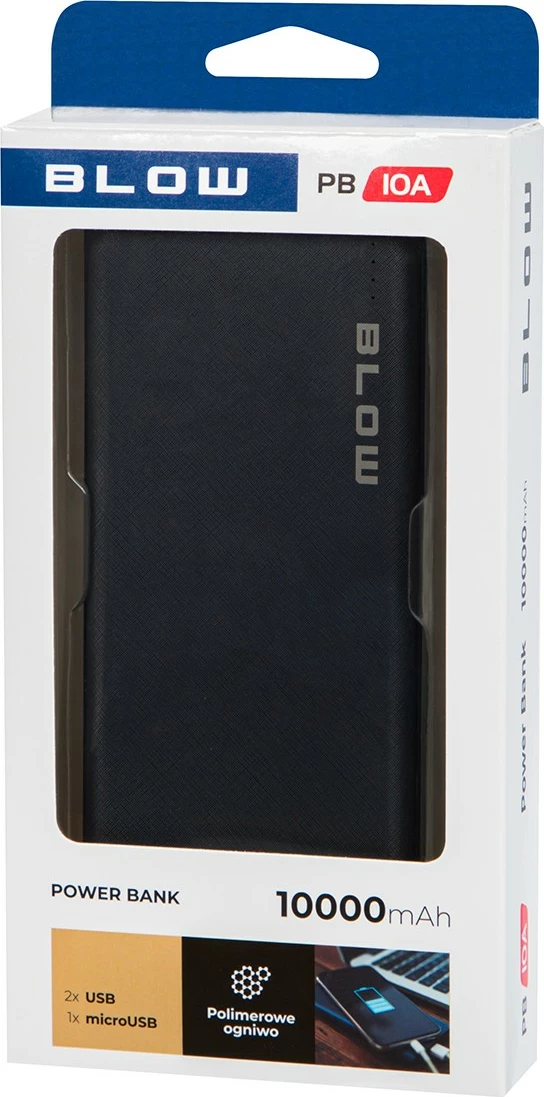 Power bank, BLOW, PB10A 10000mAh, 2x USB deri 2.1A, zi, set me kabllo