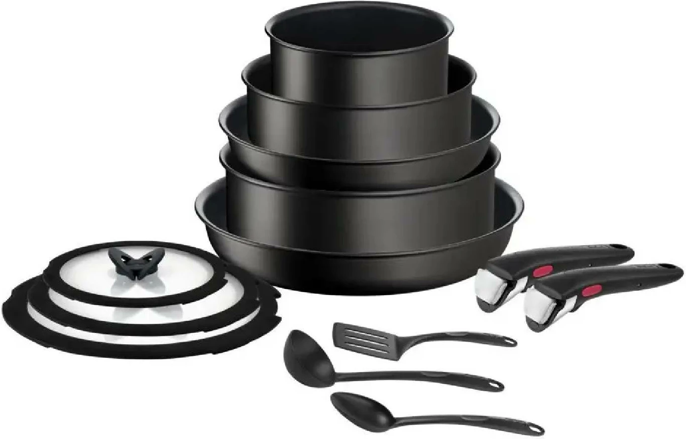 Set enë gatimi Tefal L7639543, 13 copë, tiganë 24/28 cm + tenxhere e thellë 24 cm, 2 doreza të heqshme, kompatibil me induksion, veshje jo‑ngjitëse Titanium 6X, e zezë