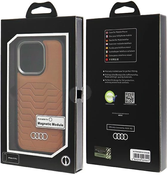 Mbështjellës Audi për iPhone 15 Pro, lëkurë sintetike, MagSafe, kafe