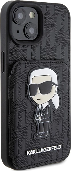 Mbështjellës Karl Lagerfeld Saffiano Cardslots & Stand Monogram Ikonik Patch për iPhone 15, i zi