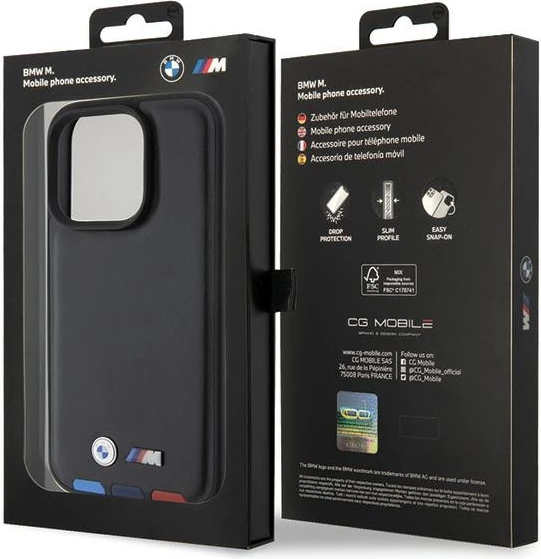 Mbështjellës BMW BMHCP15L22PTDK për iPhone 15 Pro 6.1", Leather Stamp Tricolor, i zi