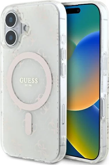 Mbështjellës Guess IML 4G Background MagSafe për iPhone 16 Plus, Bardhë