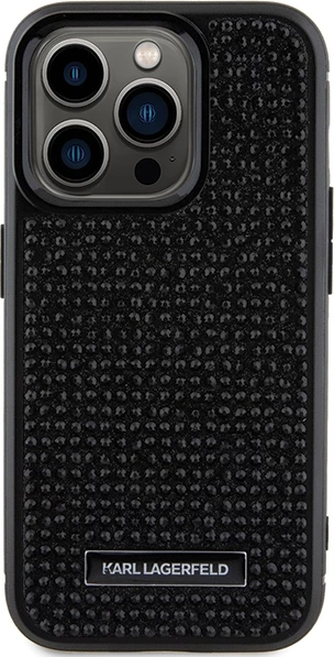 Mbështjellës Karl Lagerfeld Rhinestone Logo Metal Plate për iPhone 15 Pro Max, i zi